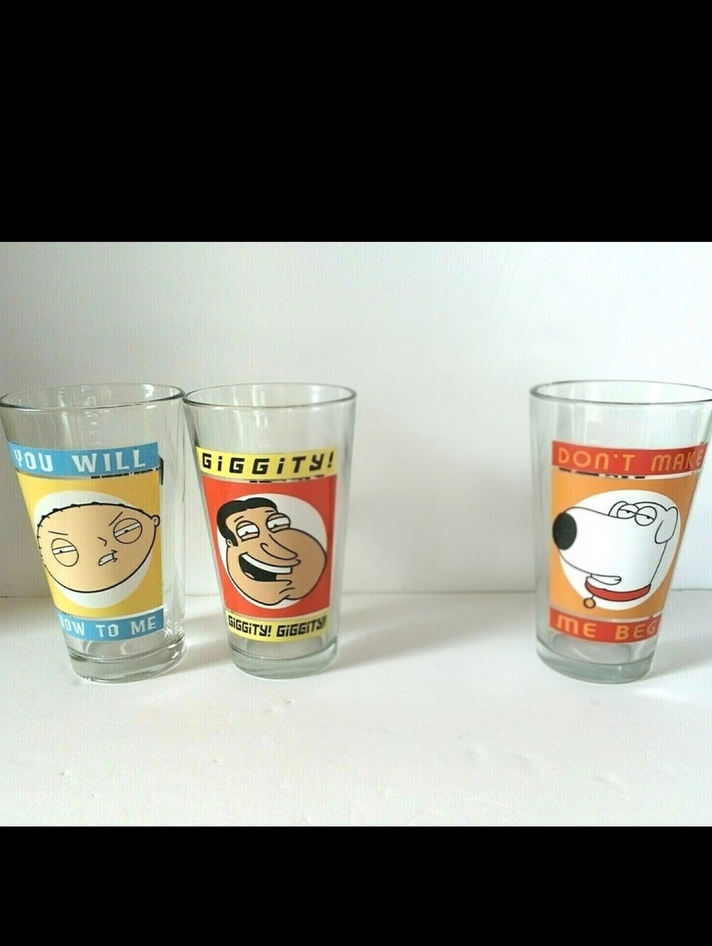 Family Guy Cartoon Pint Glasses Set of 3 Quagmire, Stewie, Brian 2011
